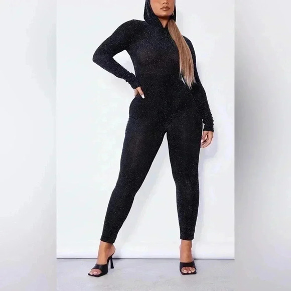 LN prettylittlething hooded sexy silver black lame catsuit stretchy body suit 12 - Picture 5 of 5